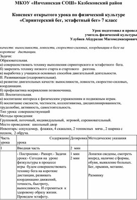 Конспект открытого урока по физической культуре «Спринтерский бег, эстафетный бег» 7 класс