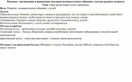 Конспект  организации и проведения ситуации познавательного общения с детьми среднего возраста. Тема « Как песок может стать опасным».