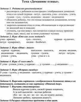 Задания в тетрадь по теме  «Домашние птицы».