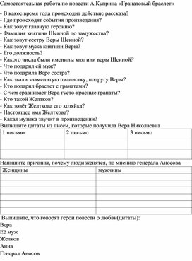 Обложка для материала Самостоятельная работа по повести А.Куприна "Гранатовый браслет"