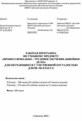 Обложка для материала программа профессионально-трудовое обучение "швейное дело" 8-9 класс