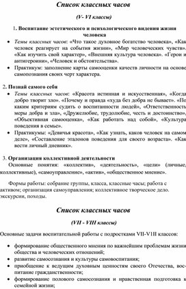 Список классных часов.