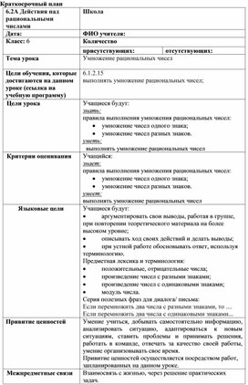 Обложка для материала 47 Умножение рациональных чисел Краткосрочный план Вариант 2
