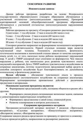 Обложка для материала рабочая программа Сенсорное развитие, 1 доп. класс, 2 вариант