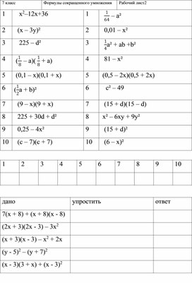 Обложка для материала 7 класс. Формулы сокращенного умножения. Рабочий лист2