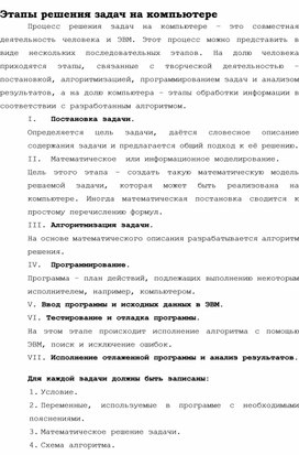 Обложка для материала Этапы решения задач на компьютере