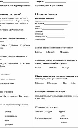 Обложка для материала Дикорастущие и культурные растения. 3 класс Тест по окружающему миру