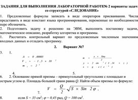 ЗАДАНИЯ ДЛЯ ВЫПОЛНЕНИЯ ЛАБОРАТОРНОЙ РАБОТЕ № 2 варианты задач со структурой «СЛЕДОВАНИЕ»