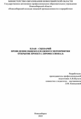 ПЛАН – СЦЕНАРИЙ ПРОВЕДЕНИЯ ОБЩЕКОЛЛЕДЖНОГО МЕРОПРИЯТИЯ   ОТКРЫТИЕ ПРОЕКТА «ПРОФЕССИОНАЛ»