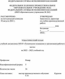 ТЕМАТИЧЕСКИЙ ПЛАН учебной дисциплины «Техническое оснащение и организация рабочего места» по профессии повар