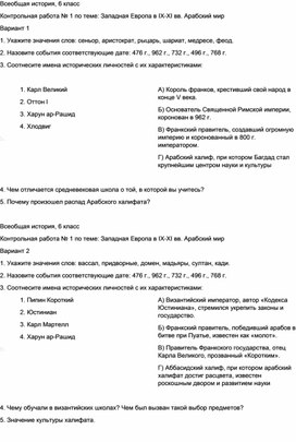 Обложка для материала Контрольная работа по теме 1  Западная Европа в IX-XI вв. Арабский мир