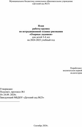 Обложка для материала План работы кружка по нетрадиционной технике рисования "Озорные ладошки" для детей 3-4 лет.
