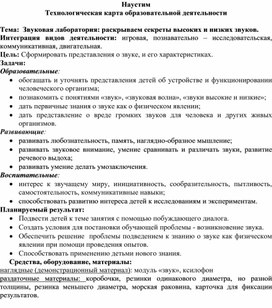 Обложка для материала Технологическая карта образовательной деятельности  Тема:  Звуковая лаборатория: раскрываем секреты высоких и низких звуков.