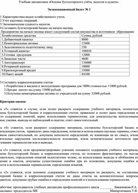 Экзаменационный материал по учебной дисциплине "Основы бухгалтерского учёта, налогов и аудита"