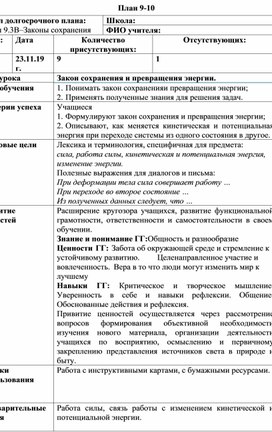 Обложка для материала Краткосрочный план по теме Закон сохранения энергии