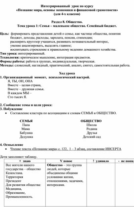 Конспект урока "Семья- маленькое общество. Семейный бюджет"