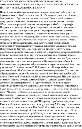 КОНСПЕКТ ОБРАЗОВАТЕЛЬНОЙ ДЕЯТЕЛЬНОСТИ ПО ОЗНАКОМЛЕНИЮ С ОКРУЖАЮЩИМ МИРОМ В СТАРШЕЙ ГРУППЕ НА ТЕМУ «ПЕРВАЯ ПОМОЩЬ ЁЖИКУ»