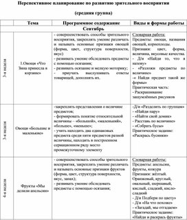 Перспективное планирование по развитию зрительного восприятия