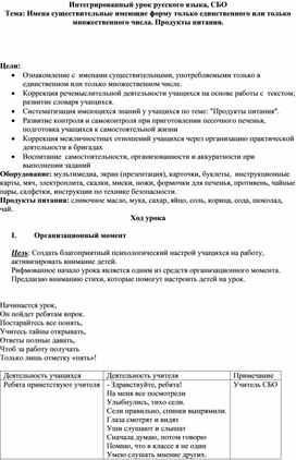 Обложка для материала Урок СБО Имена существительные имеющие форму только единственного или только множественного числа. Продукты питания