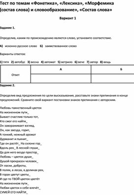 Обложка для материала Тест по темам «Фонетика», «Лексика», , «Состав слова» 5 класс