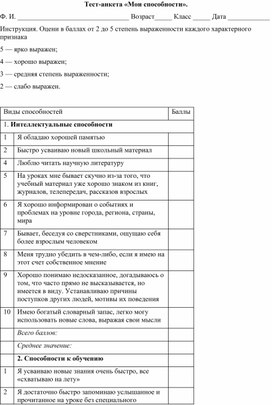 Обложка для материала Тест-анкета «Мои способности».