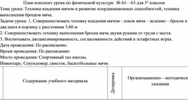 План конспект урока по физической культуре  № 61—63 для 5х классов Тема урока: Техника владения мячом и развитие координационных способностей, техника выполнения бросков мяча.