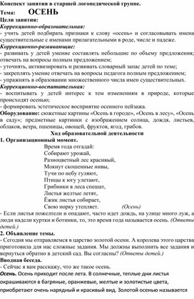 Конспект занятия в старшей логопедической группе. Тема: Время года - осень.