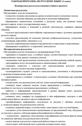 Рабочая программа по русскому языку для 1 класса (Школа России)