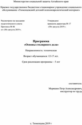 Программа «Основы столярного дела» для детей с ОВЗ