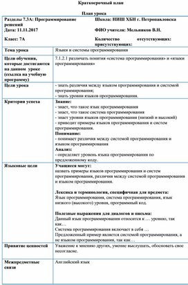 Краткосрочный план Языки и системы программирования 7 класс