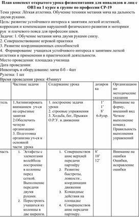 План конспект открытого урока физвоспитания для инвалидов и лиц с ОВЗ на 1 курсе в группе по профессии СР-19