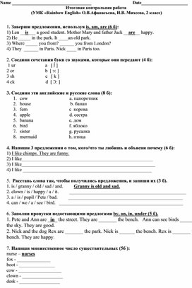 Обложка для материала Итоговая контрольная работа УМК «Rainbow English» 2 класс (О.В.Афанасьева, И.В. Михеева)