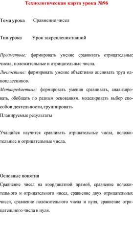 Технологическая карта урока  по  математике