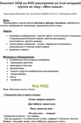 Конспект НОД по ИЗО (рисование) во 2-ой младшей группе на тему: "Моя семья".