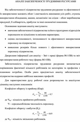 Доклад за темою: АНАЛІЗ ЗАБЕЗПЕЧЕНОСТІ ТРУДОВИМИ РЕСУРСАМИ