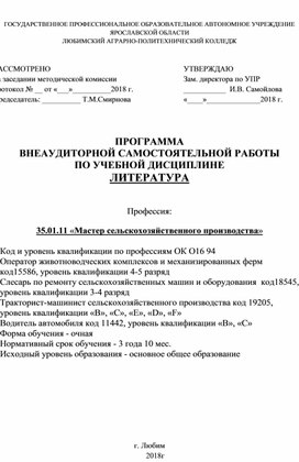 Программа внеаудиторной самостоятельной работы по литературе