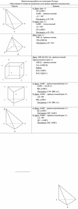 Практическая работа по геометрии 10 класс  "Расстояние от точки до плоскости. Угол между прямой и плоскостью"