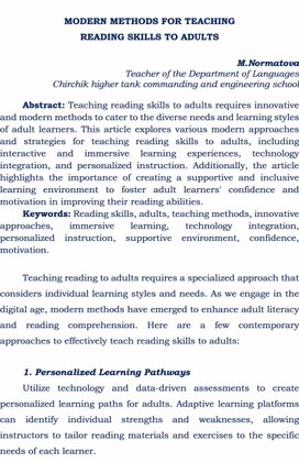 Modern Methods for Teaching Reading Skills to Adults