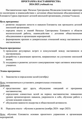 Программа наставничества. Наставническая пара: учитель (советник директора по воспитанию и взаимодействию с детскими общественными объединениями) и ученик (президент детской школьной организации)