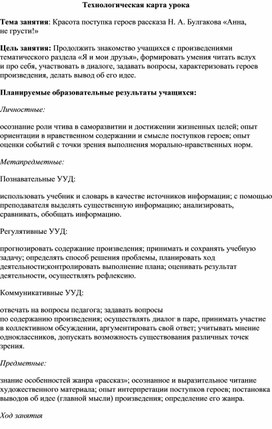 Технологическая карта урока Тема занятия: Красота поступка героев рассказа Н. А. Булгакова «Анна, не грусти!»