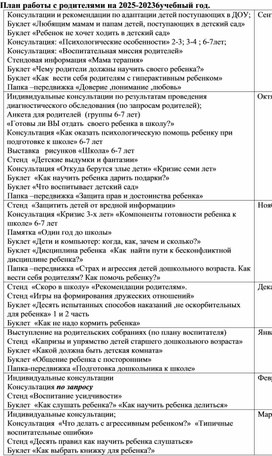 Обложка для материала План работы  педагога-психолога с родителями на 2025-20236учебный год.