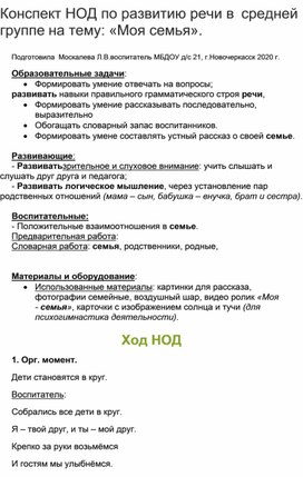 Обложка для материала Конспект НОД по развитию речи в средней группе на тему: "Моя семья".
