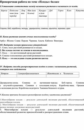Обложка для материала Проверочная работа по теме «Плоды» 6класс