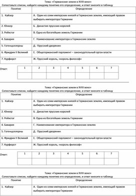 Дидактическая карточка к уроку истории в 8 классе по теме "Германские земли в XVIII веке"