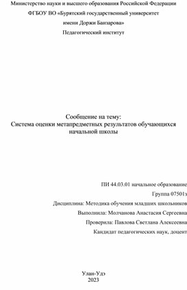 Сообщение на тему: Система оценки метапредметных результатов обучающихся начальной школы