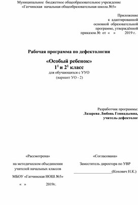 Рабочая программа по дефектологии «Особый ребенок» 1 и 2 класс для обучающихся с УУО  (вариант УО - 2)