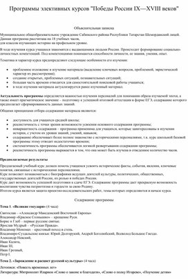 Обложка для материала Программы элективных курсов "Победы России IX—XVIII веков"