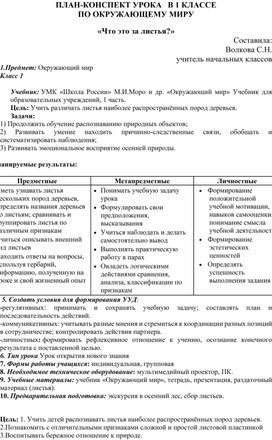 Конспект по окружающему миру на тему "Что это за листья?" (1 класс)