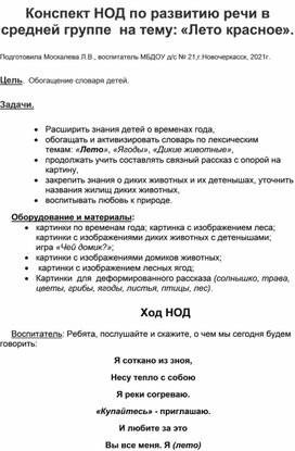 Конспект НОД по развитию речи в средней группе на тему: "Лето красное".