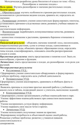 Методическая разработка урока биологии в 6 классе по теме: «Плод. Разнообразие и значение плодов.»